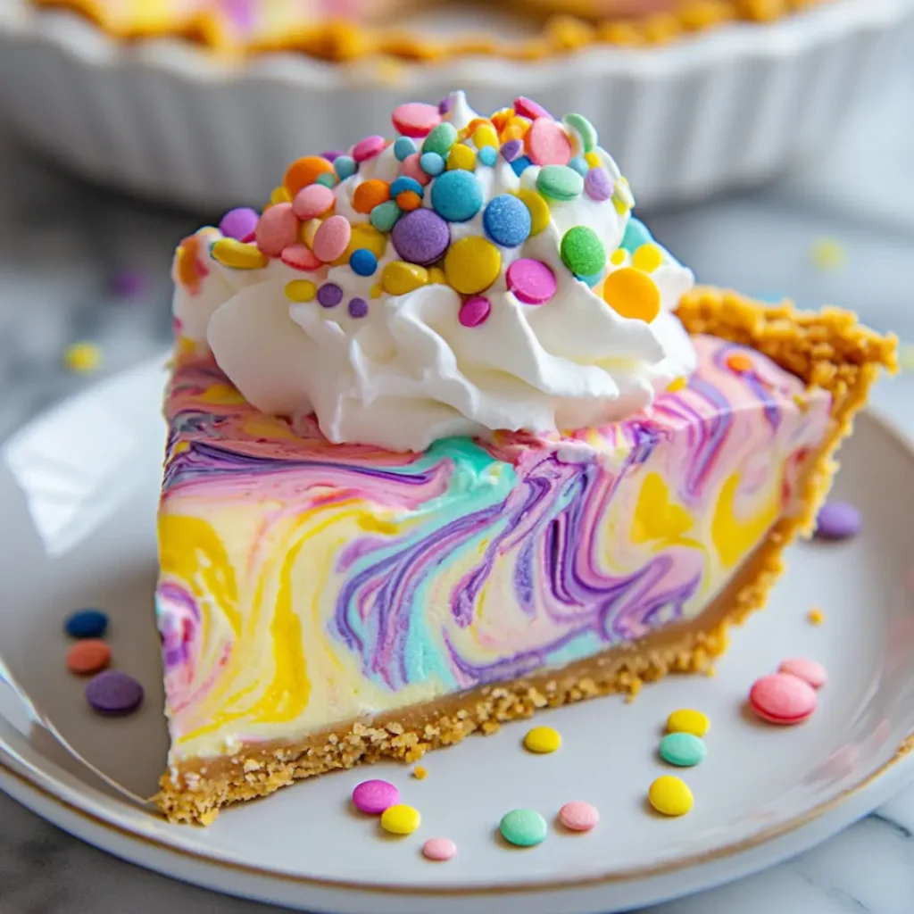 Colorful slice of easter swirl pie with whipped cream and rainbow sprinkles on a graham cracker crust