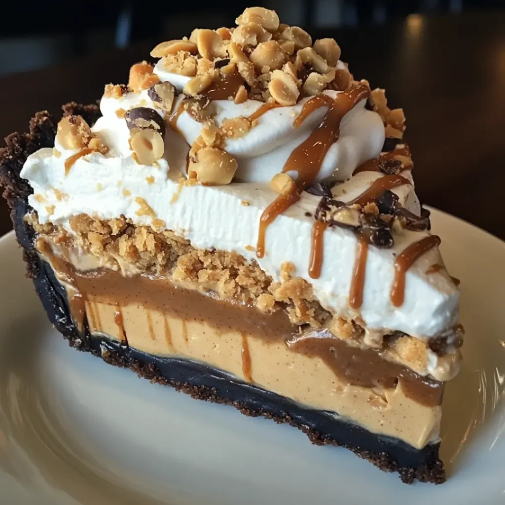 Slice of Amish peanut butter cream pie topped with whipped cream, crushed peanuts, and caramel drizzle