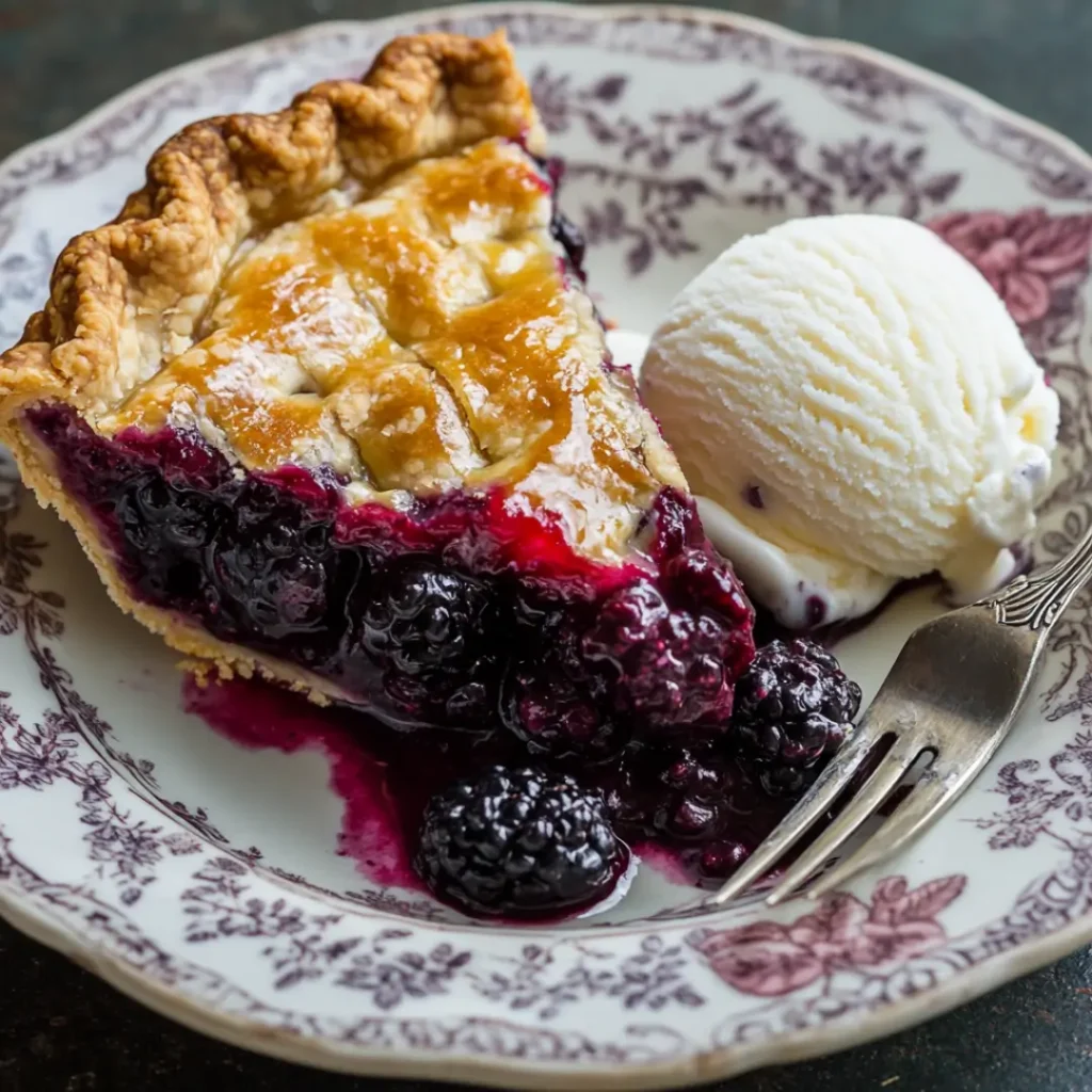Slice of homemade black raspberry pie recipe served with vanilla ice cream on a vintage floral plate