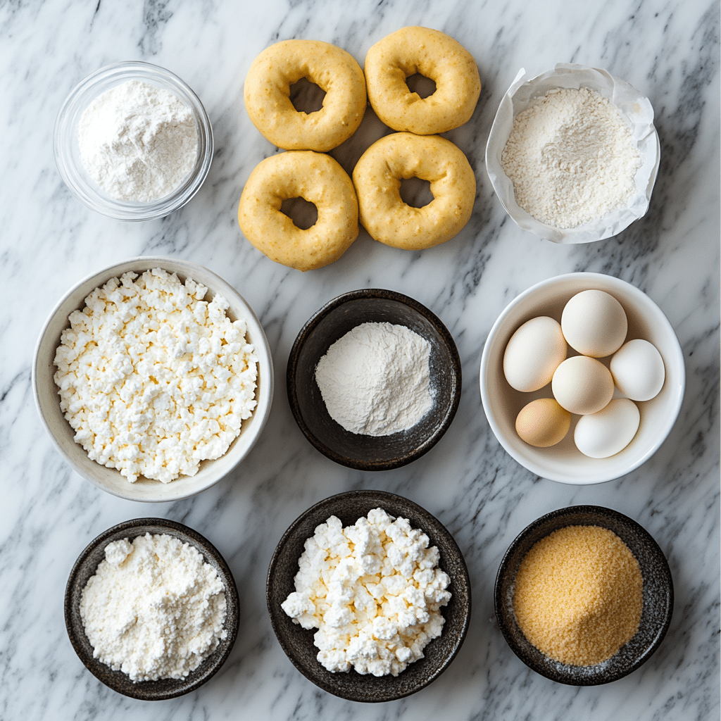 Ingredients laid out for high protein cottage cheese bagels recipe on marble counter