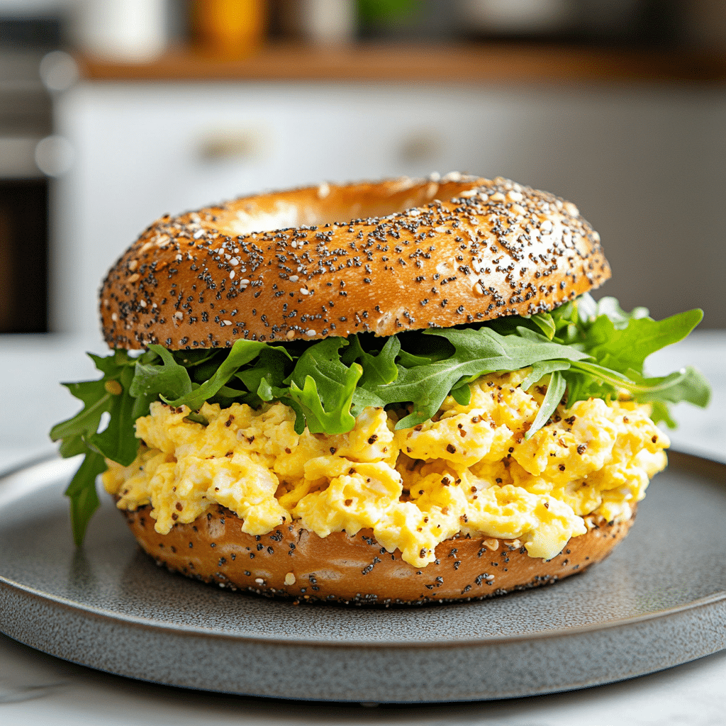 High protein Greek yogurt bagel sandwich with eggs and greens