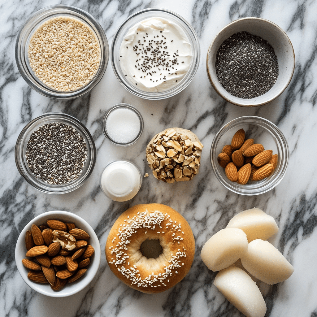 Ingredients for high protein bagel recipe with Greek yogurt