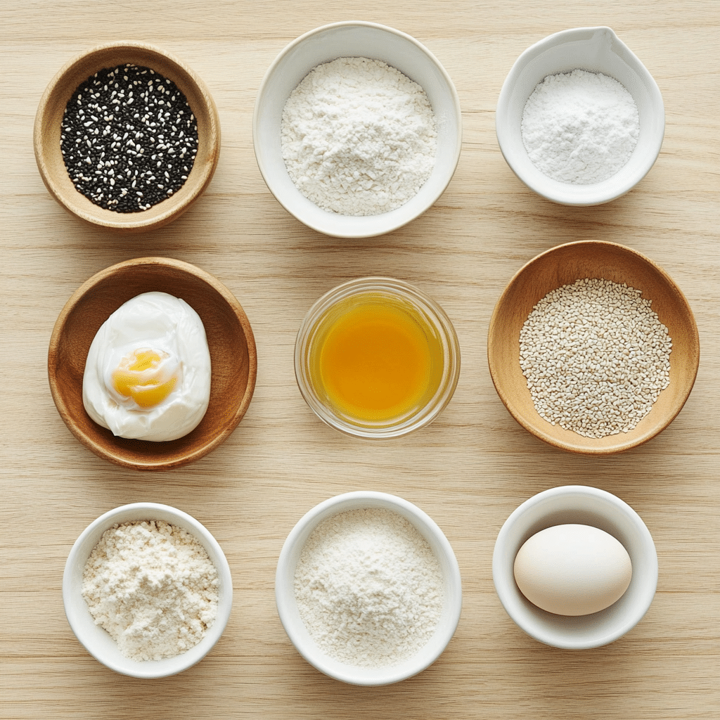 Ingredients for high protein bagels recipe including flour, eggs, and yogurt