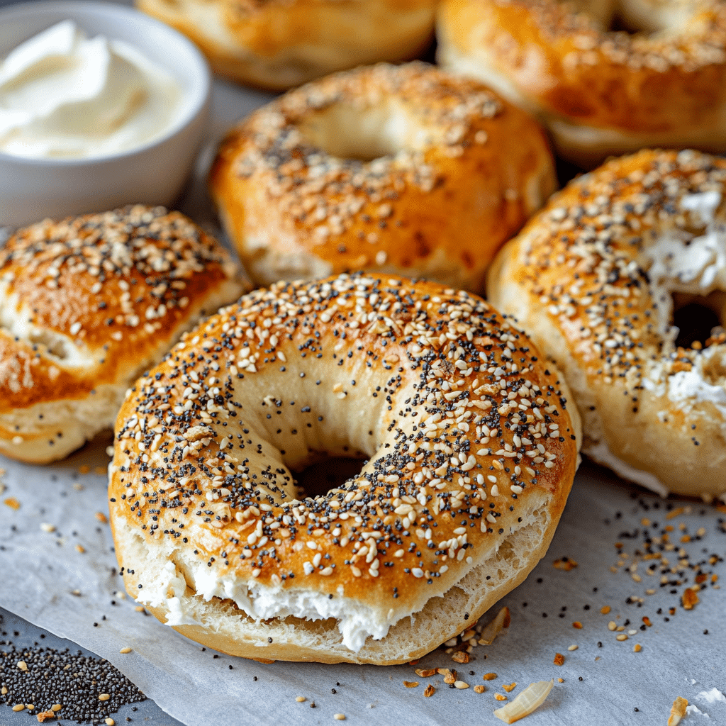 High protein bagels topped with sesame and poppy seeds with cream cheese