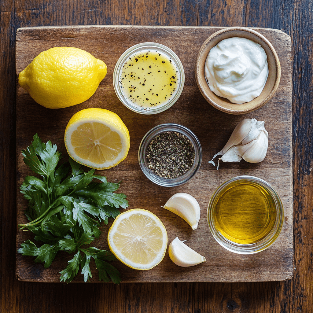Caesar dressing ingredients with Greek yogurt and lemon