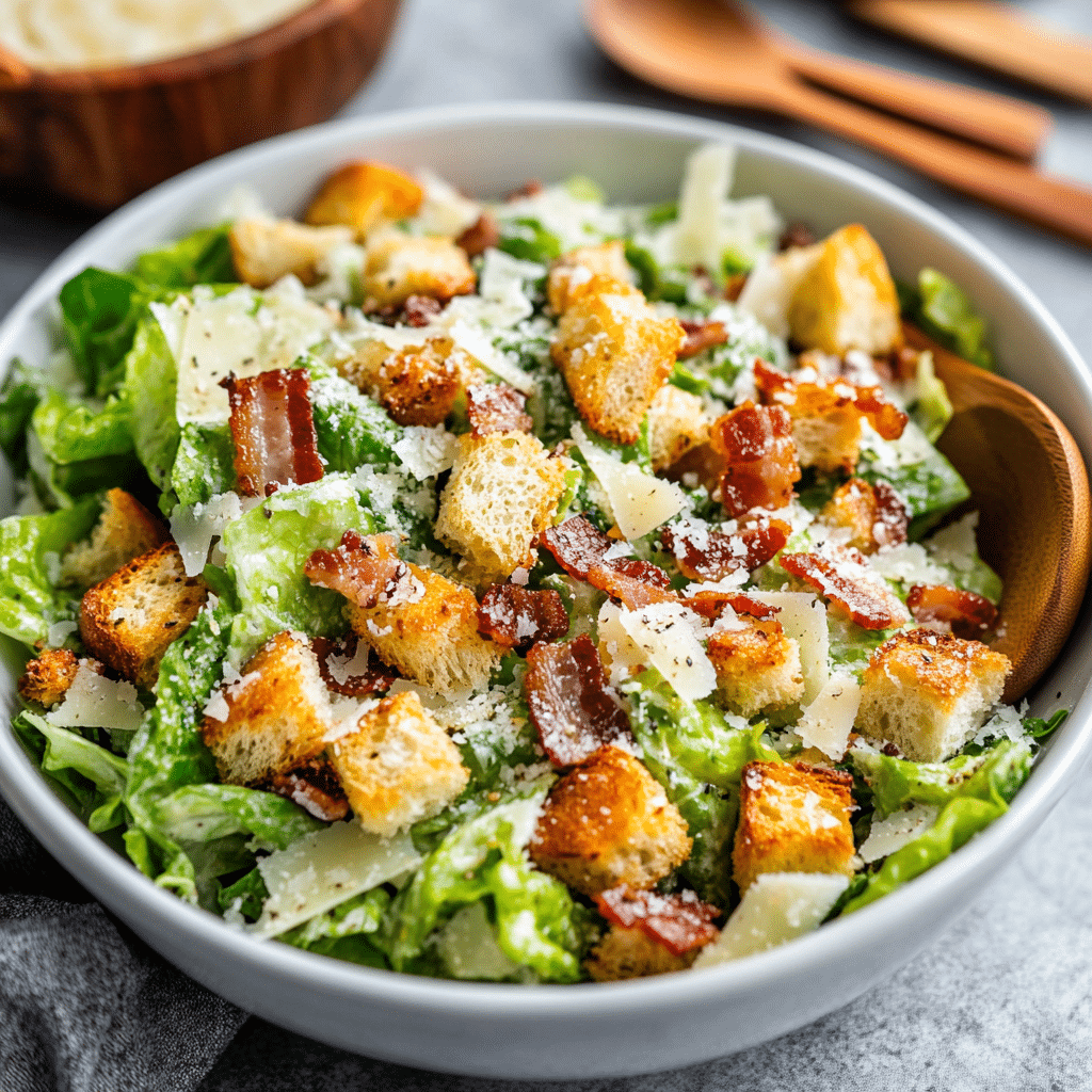 assembling high protein caesar salad in a bowl