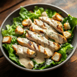 High protein Caesar salad dressing on fresh salad