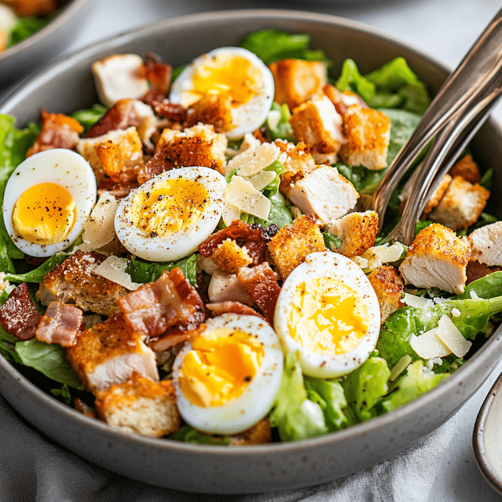 high protein caesar salad with chicken and eggs