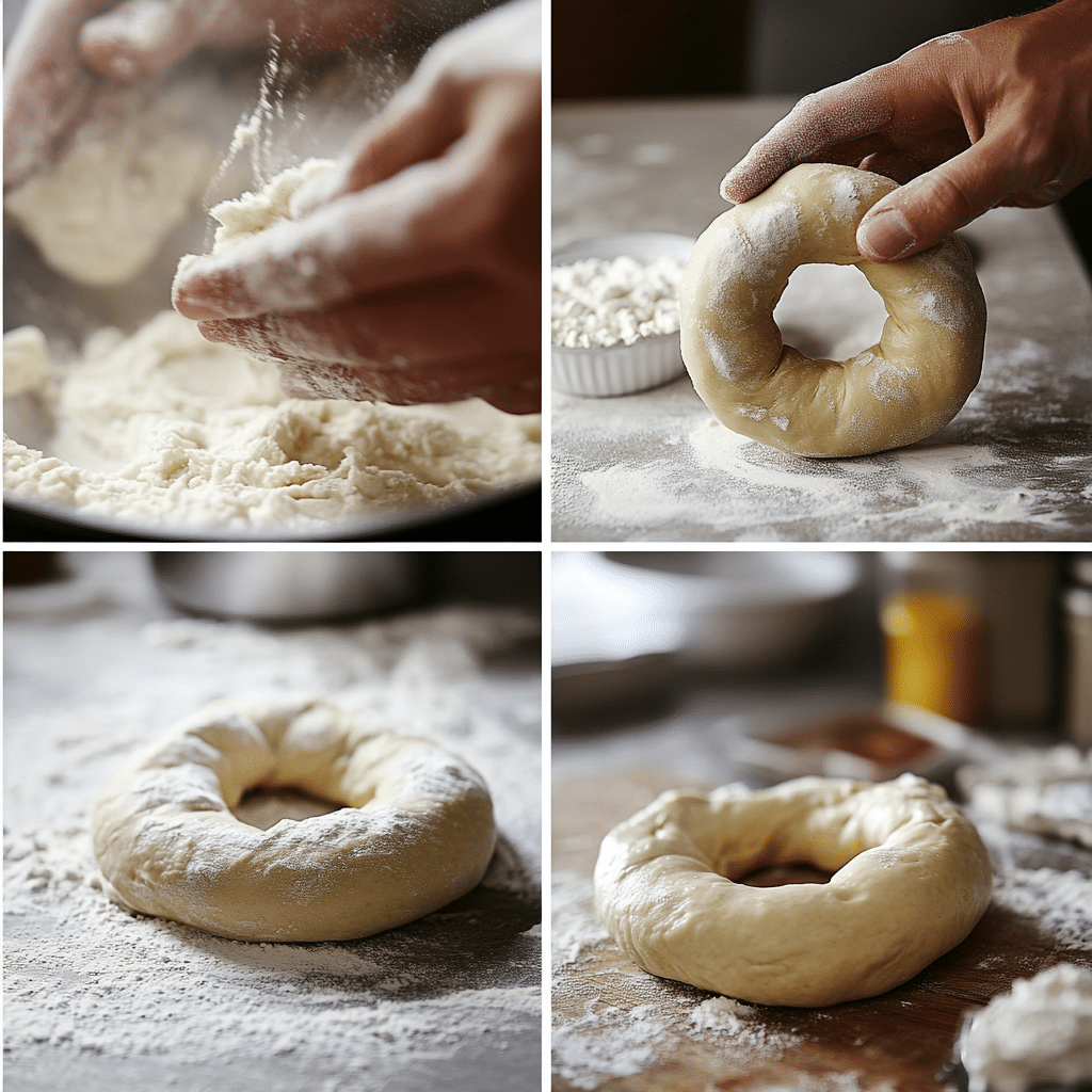 Shaping dough for high protein cottage cheese bagels recipe on a floured surface