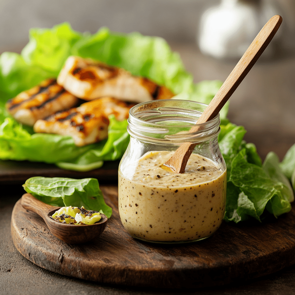 Bowl of creamy high protein Caesar dressing