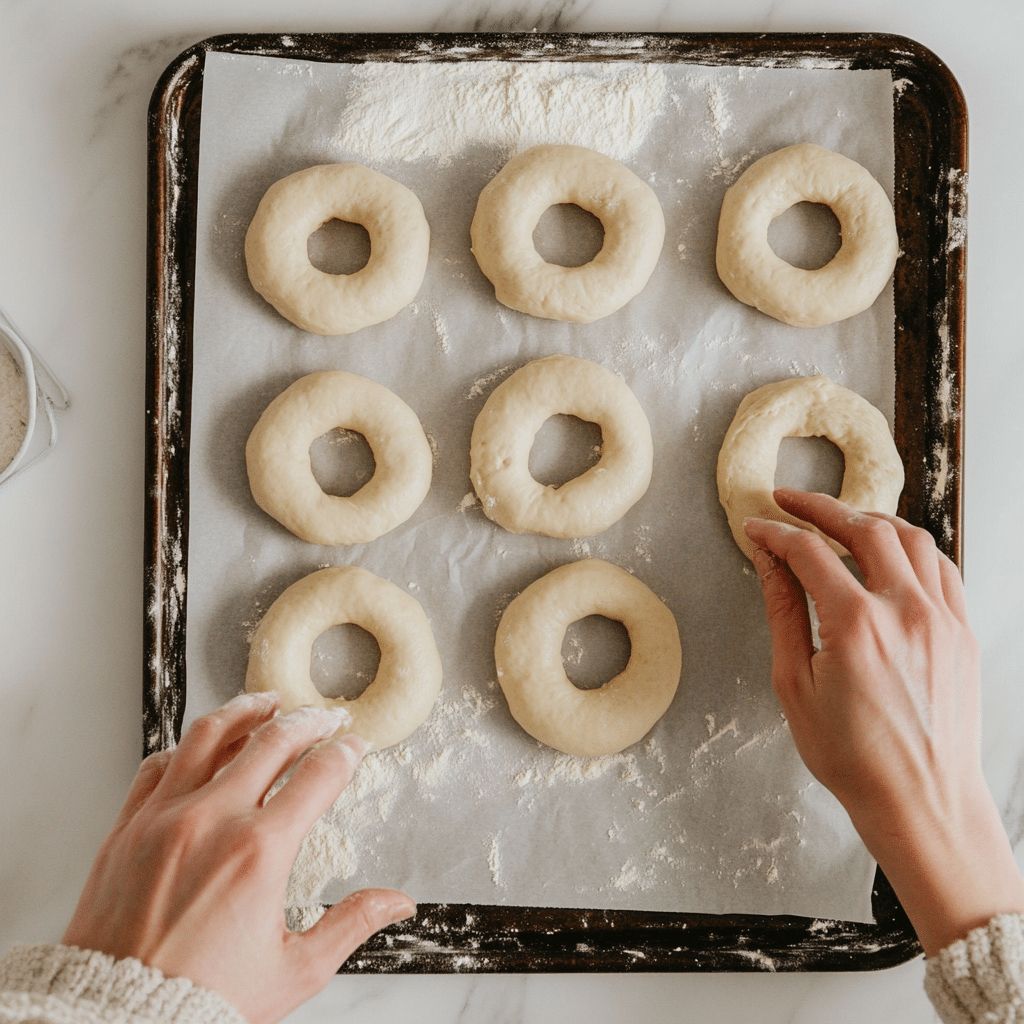 Hands shaping gluten-free bagel dough