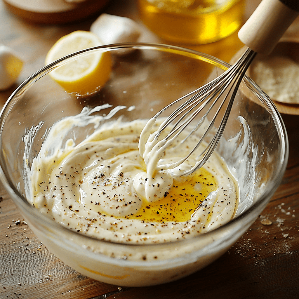 Mixing high protein Caesar dressing by hand